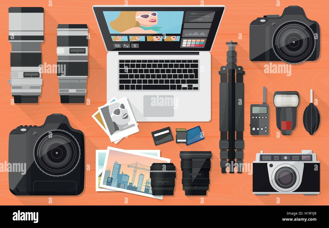 Professional photographer equipment on a desk, shooting and photo