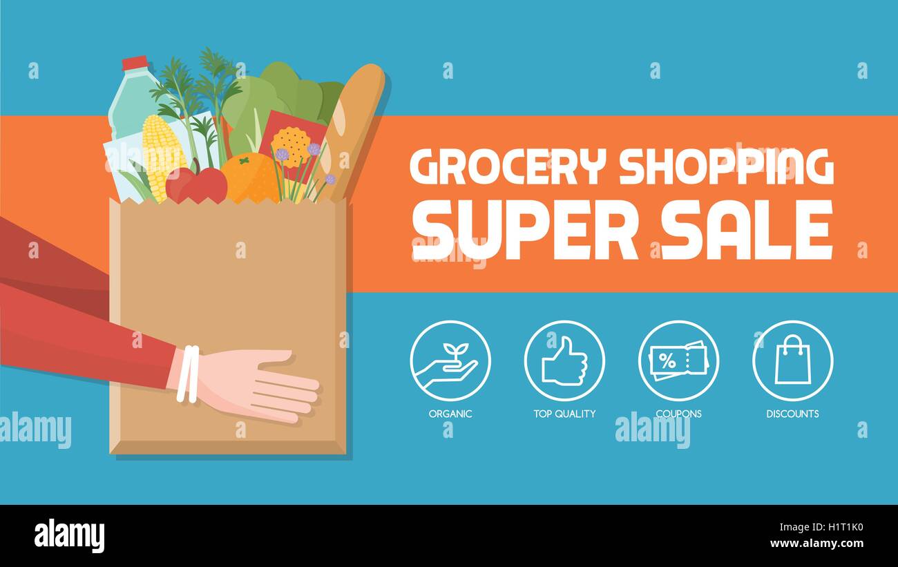 Grocery shopping banner with consumer holding a bag filled with vegetables, fruits and other food products, icons set Stock Vector