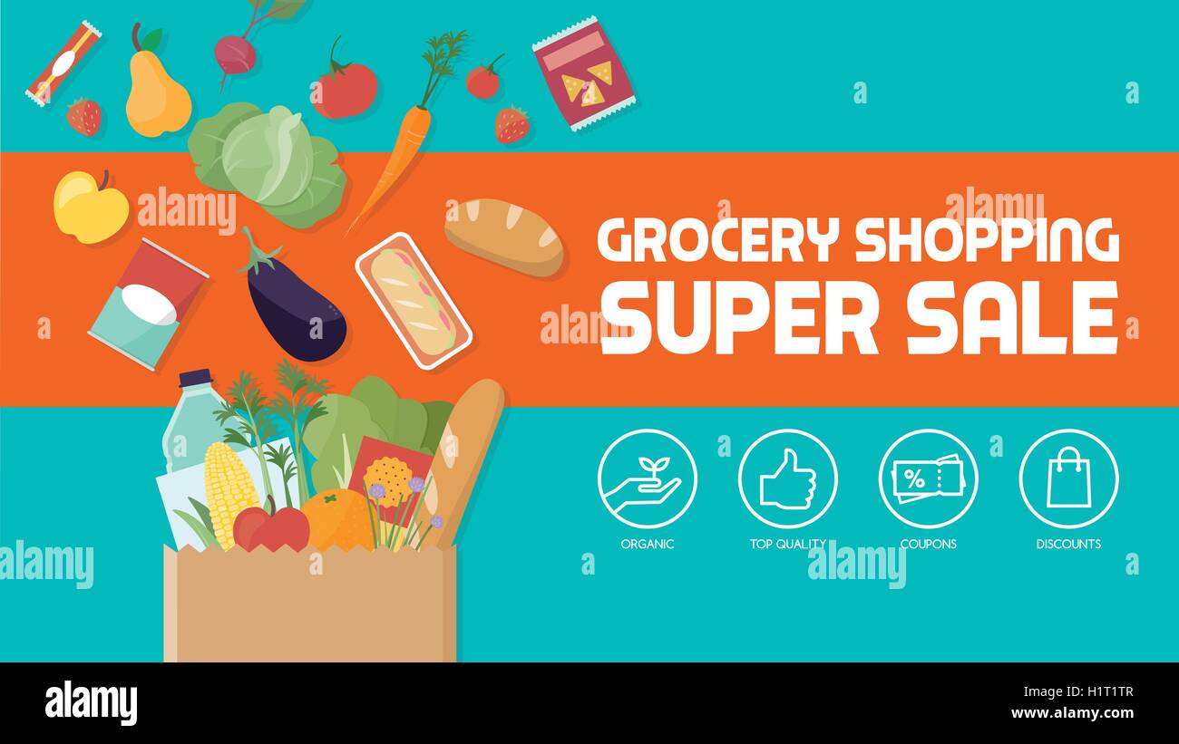 Grocery shopping discount banner, paper shopping bag filled with vegetables, fruits and other products Stock Vector