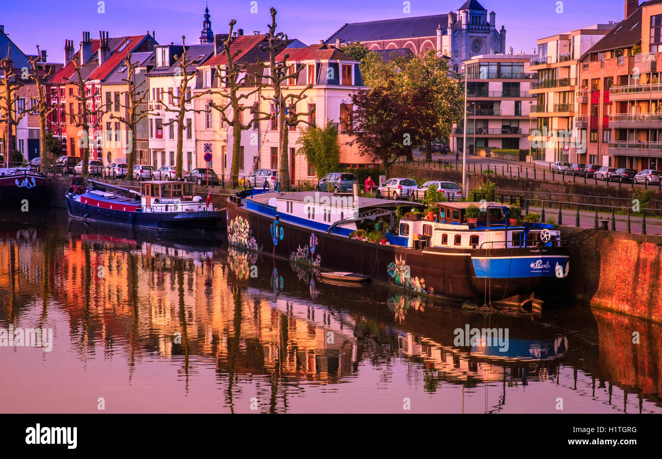 Twilight on the Lys River, Gent Belgium. The Lys flows through the center of Gent. Stock Photo