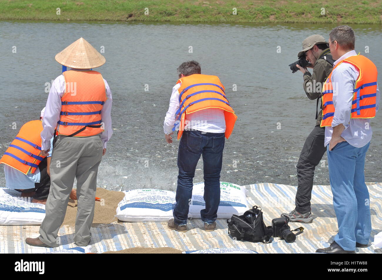Dong Thap, Vietnam - March 1, 2013: International reporters and journalists are visiting a pangasius catfish farm in the mekong Stock Photo