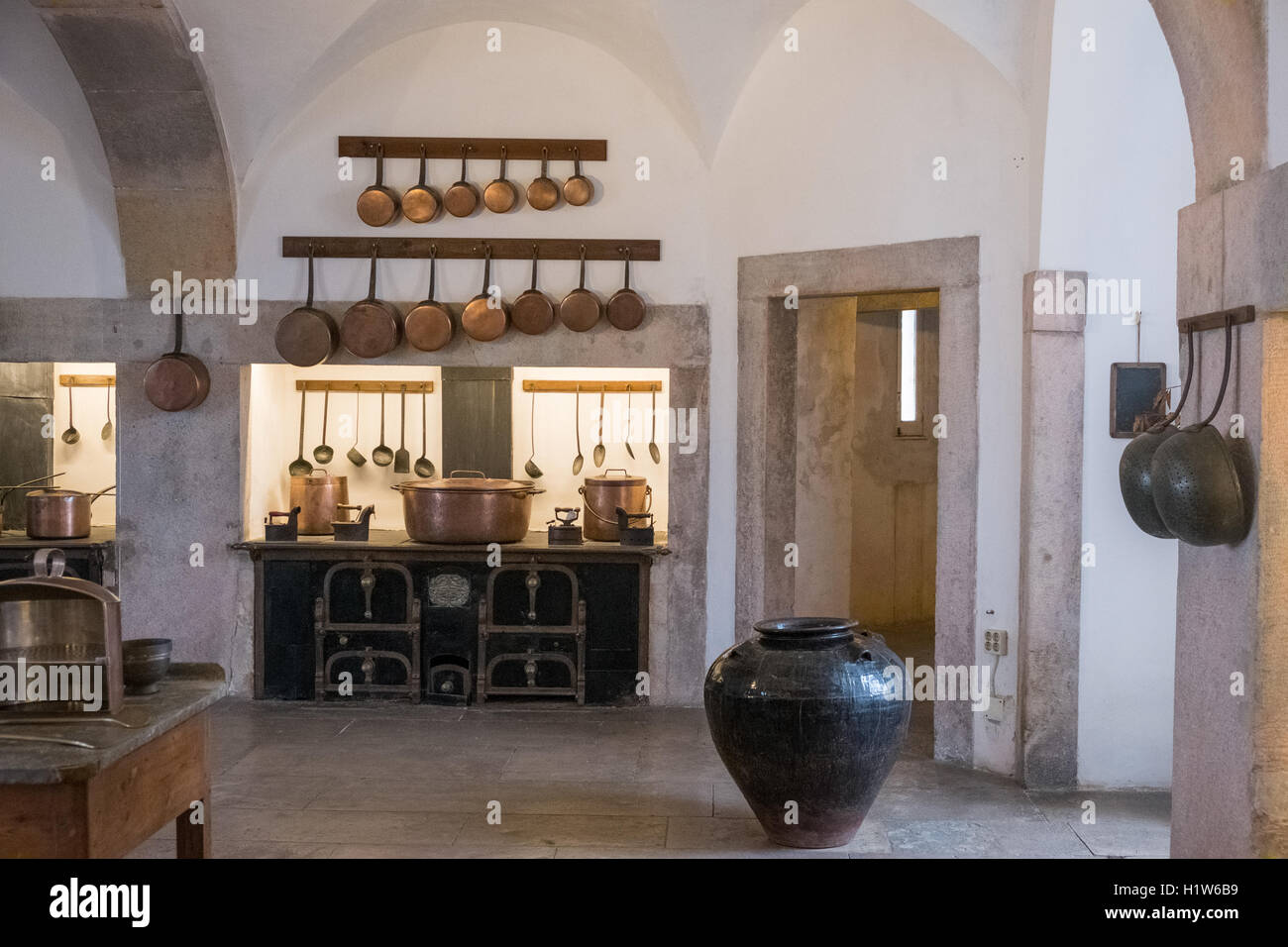 The kitchens of  the  Palace of Pena, a World Heritage site, Sintra, Portugal. Palace of Pena, a World Heritage site, Sintra, Portugal. Stock Photo