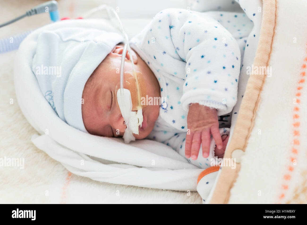 Premature newborn baby placed under respiratory assistance, CHU Bordeaux. Stock Photo