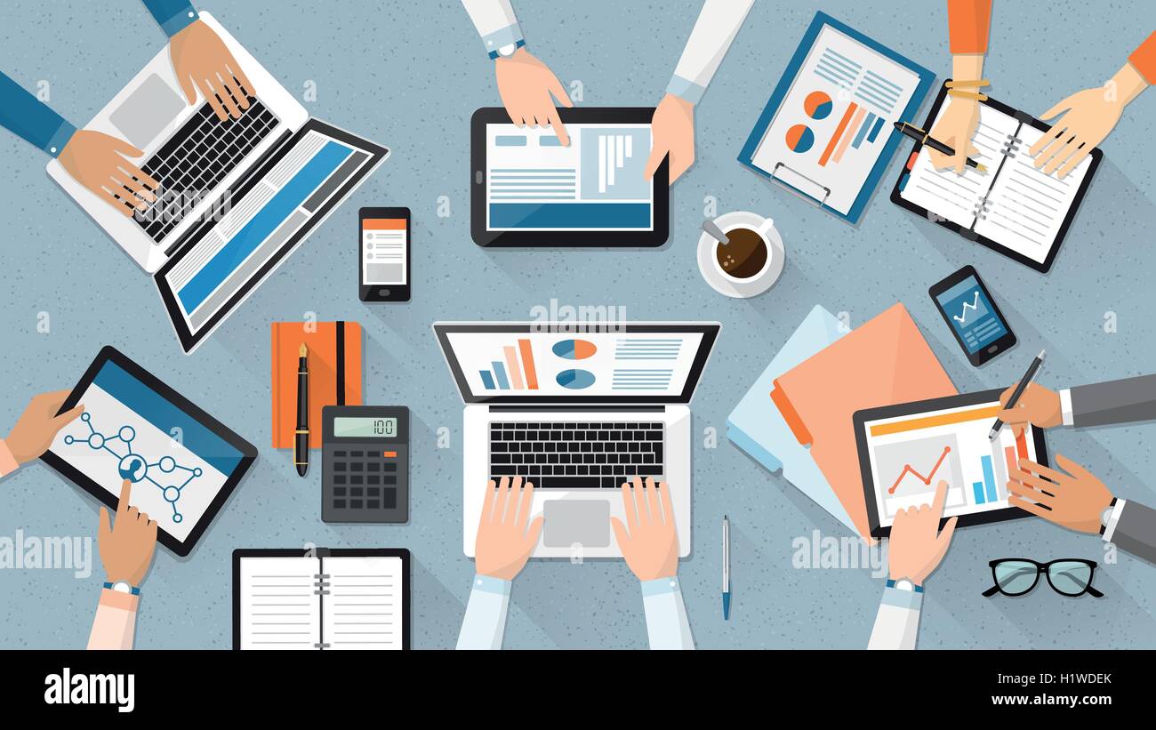 Business team working together at office desk, they are using laptops and checking financial reports, corporate management and a Stock Vector