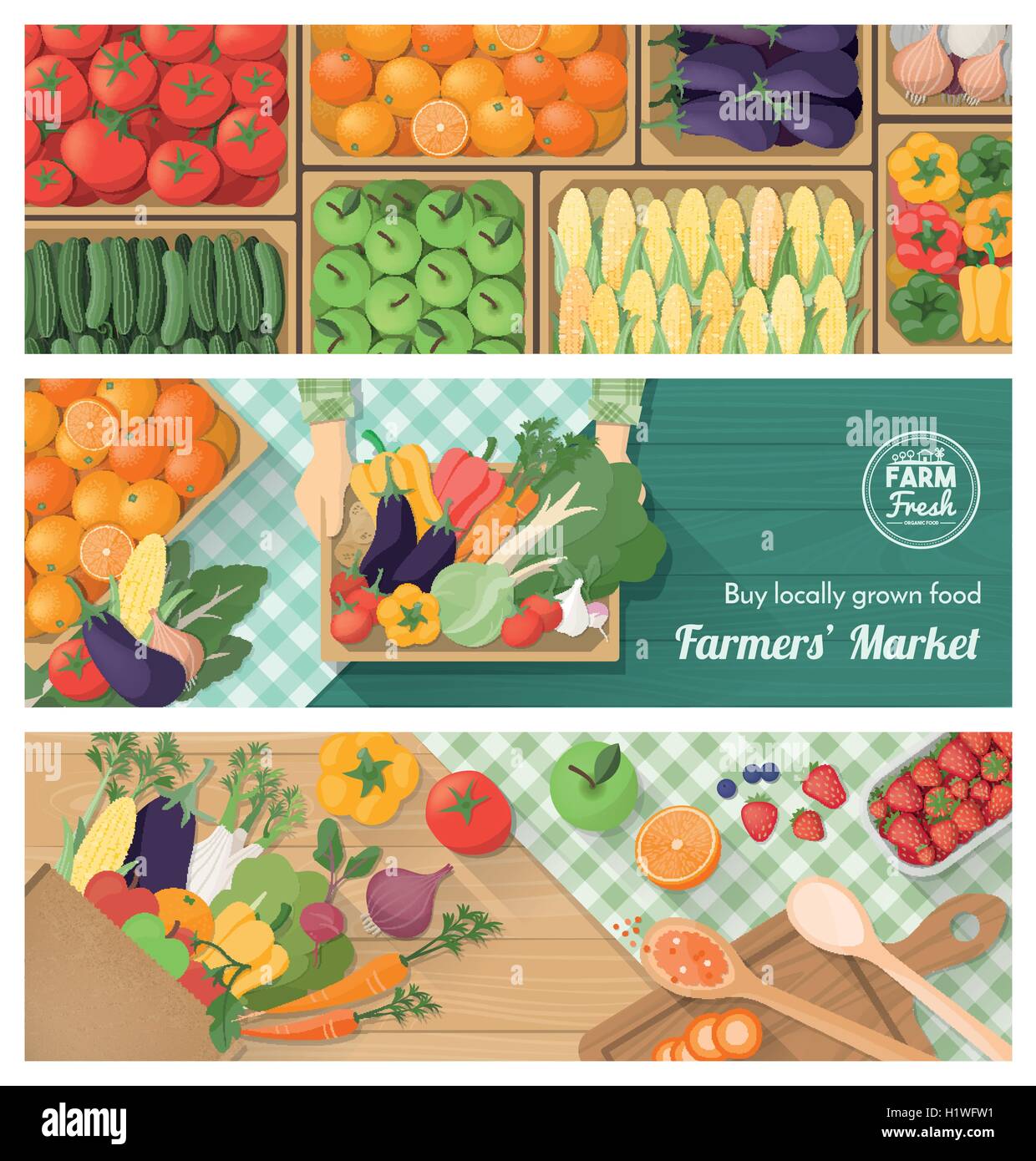 Freshly harvested vegetables banner set, farmers market, retail and food preparation at home with vegetables and fruits Stock Vector