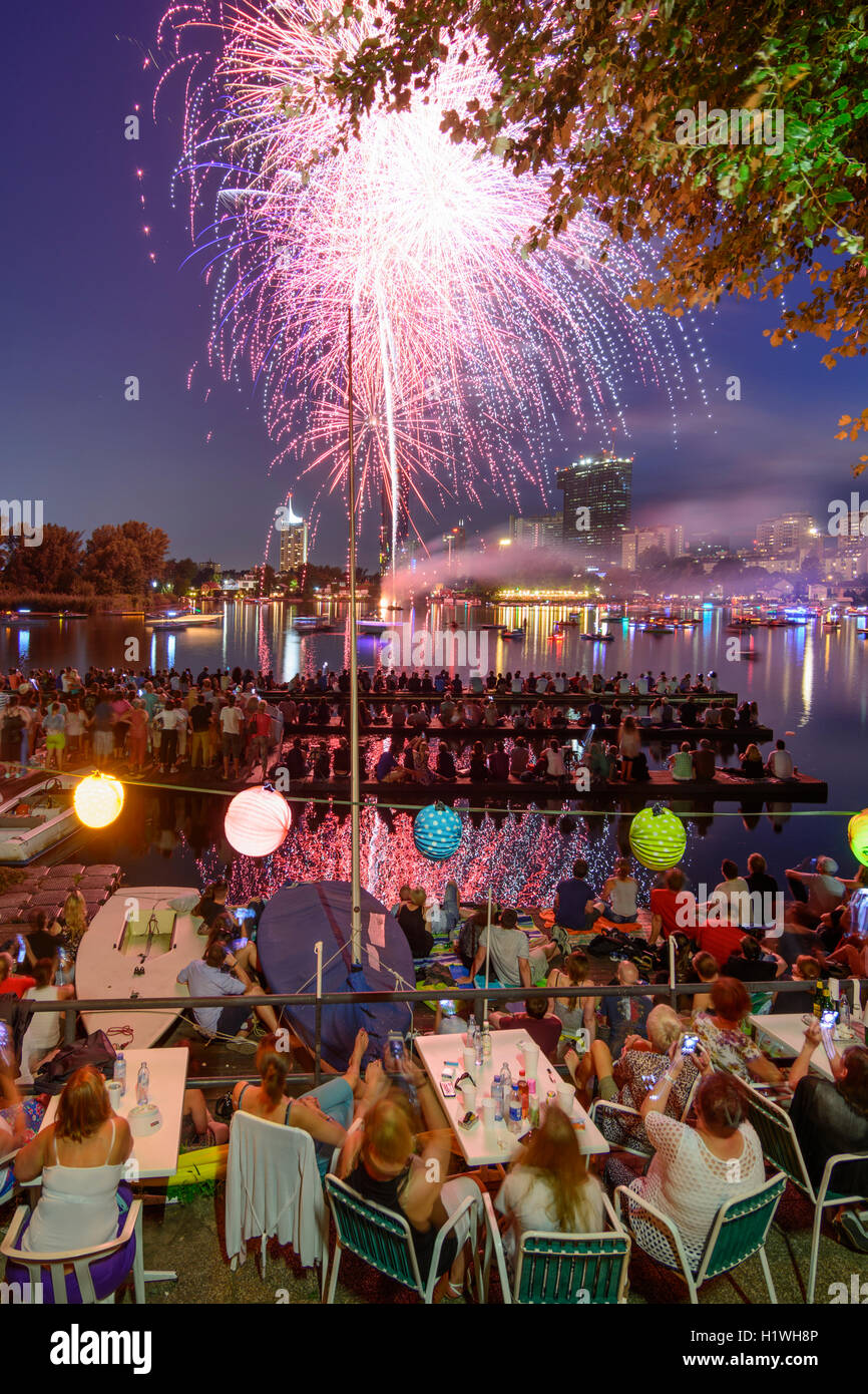 Wien, Vienna "Festival of lights" at Alte Donau (Old Danube), boats