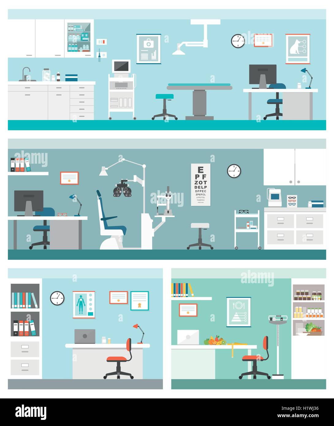 Healthcare and clinics banners set: veterinarian clinic, optician, general practitioner and dietician Stock Vector