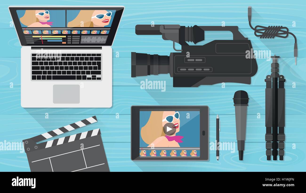 Video making, shooting and editing with professional equipment on a wooden desk, flat lay Stock Vector
