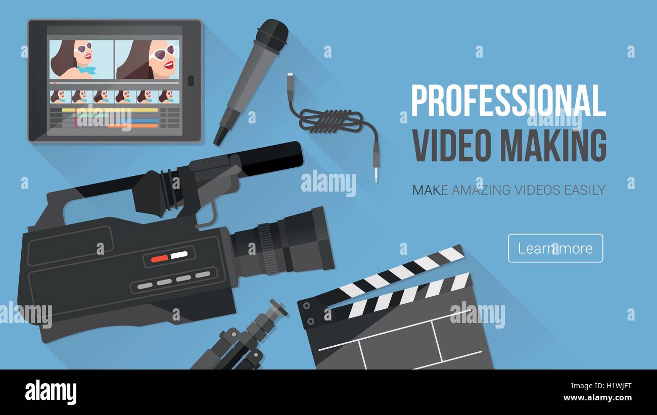 Video making, shooting and editing with professional equipment and video camera on a desk Stock Vector