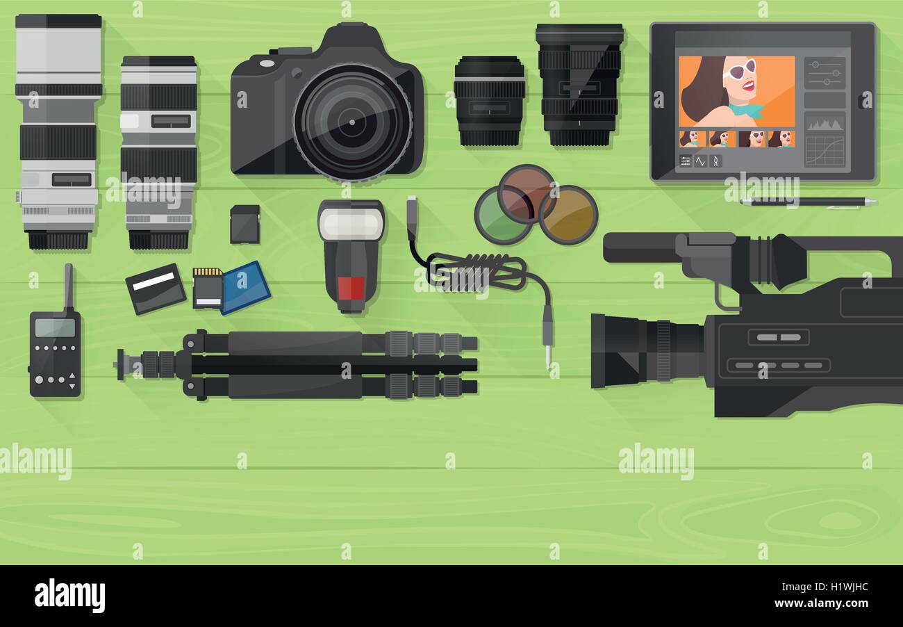 Video making, photography and post production banner with professional equipment, flat lay Stock