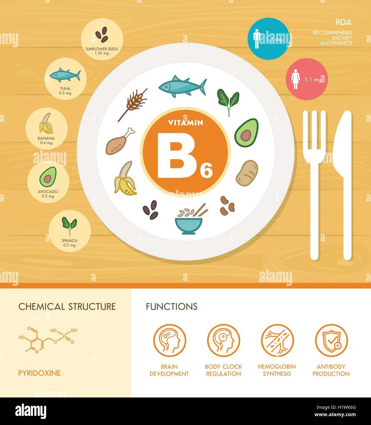 Vitamin B6 nutrition infographic with healthcare and food icons: diet, healthy food and wellbeing concept Stock Vector