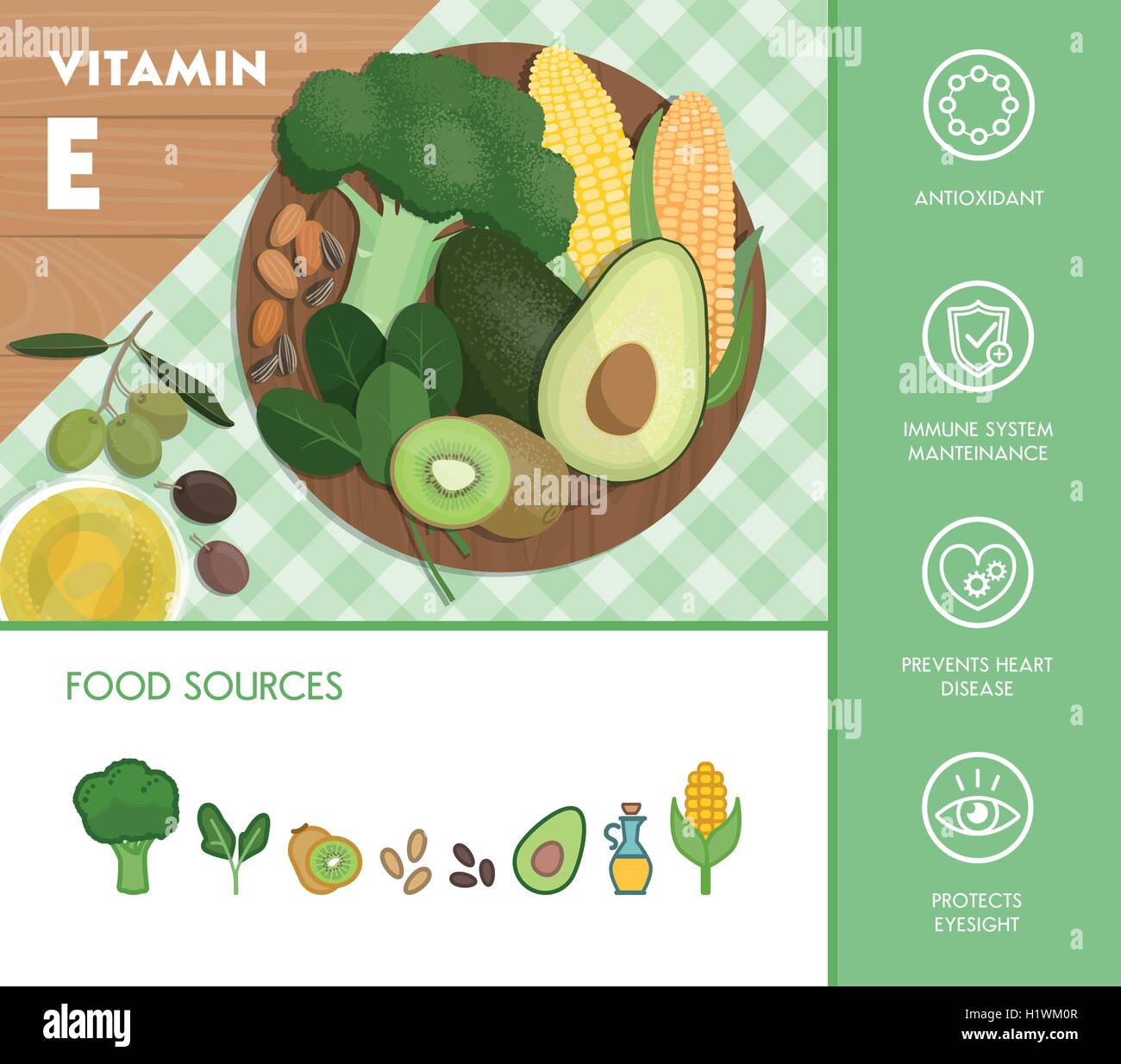 Vitamin Ex food sources and health benefits, vegetables and fruit composition on a chopping board and icons set Stock Vector