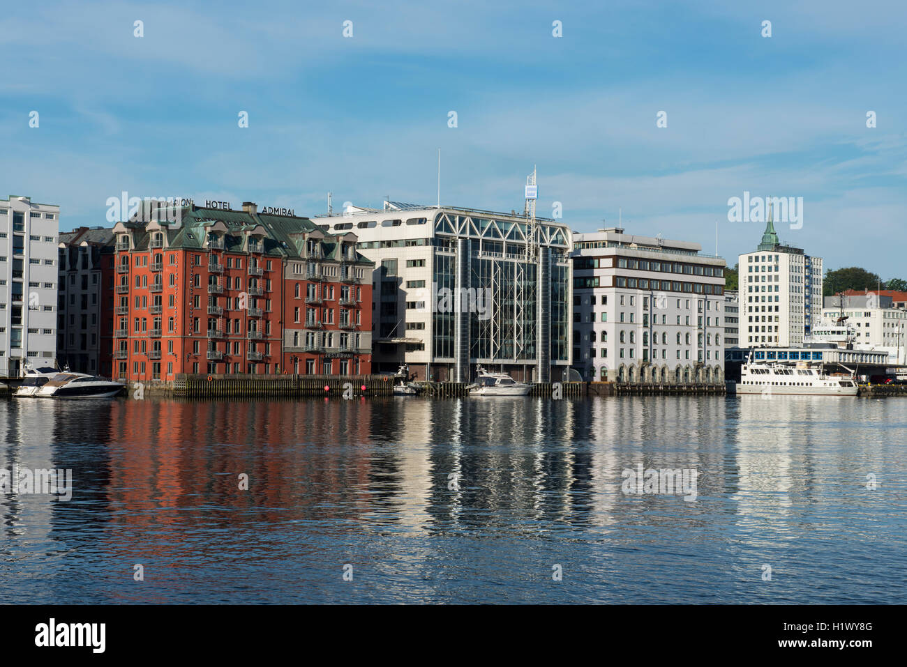 Norway, Bergen, UNECSO World Heritage City. Waterfront and harbor area. Clarion Hotel Admiral (brown building). Stock Photo