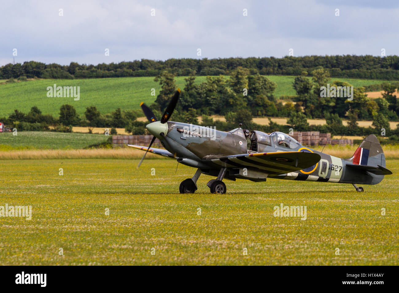 Spitfire taking off at IWM Duxford, UK Stock Photo