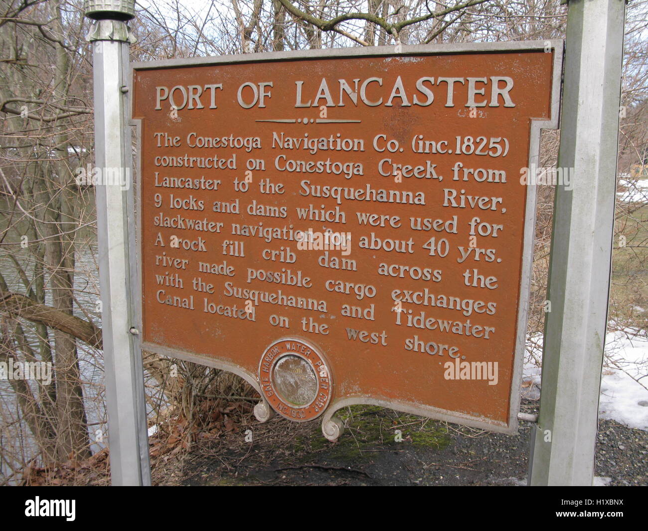 Port of Lancaster information sign, Susquehanna River, Pennsylvania Stock Photo