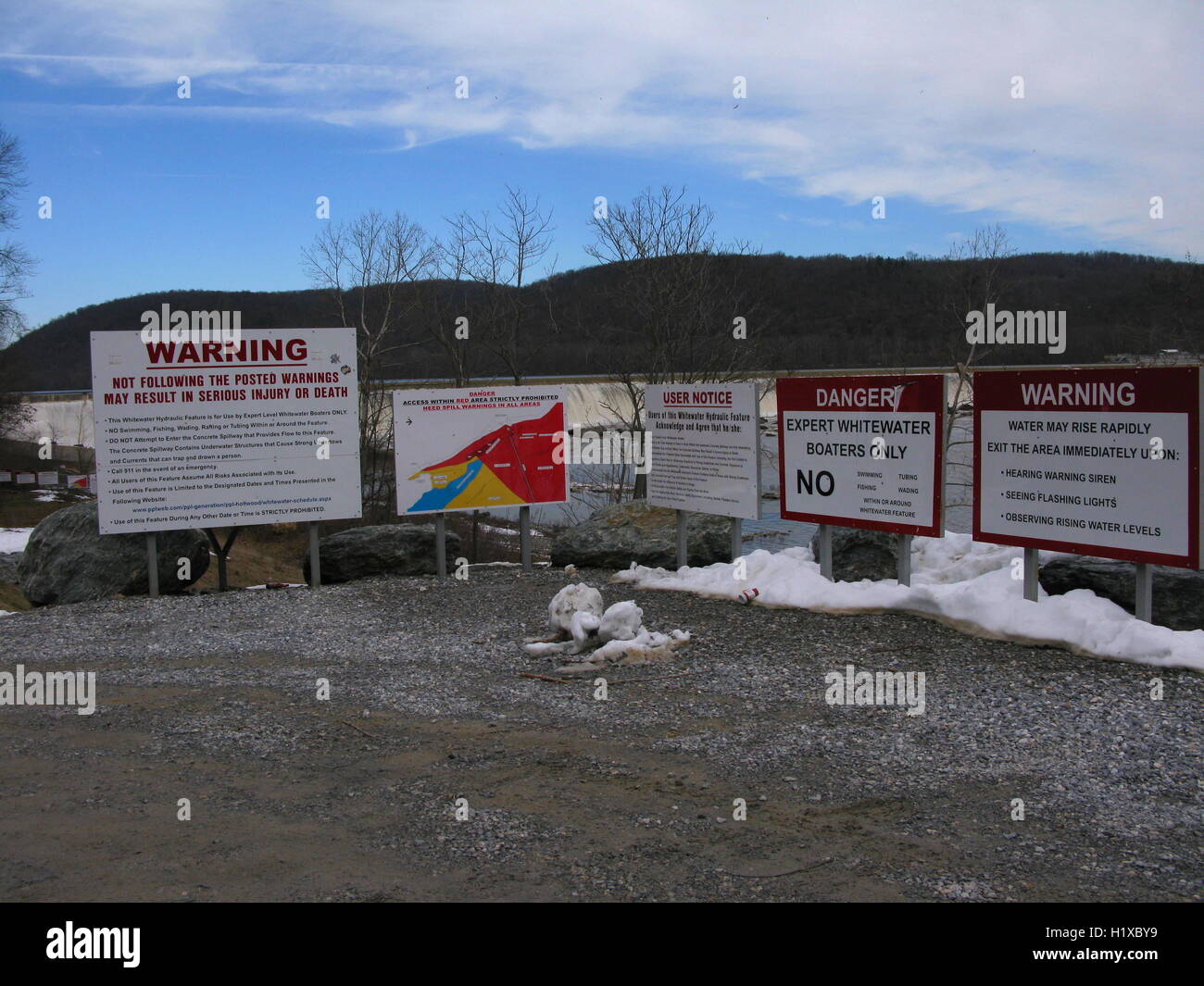 Warning signs, Susquehanna River, Pennsylvania Stock Photo