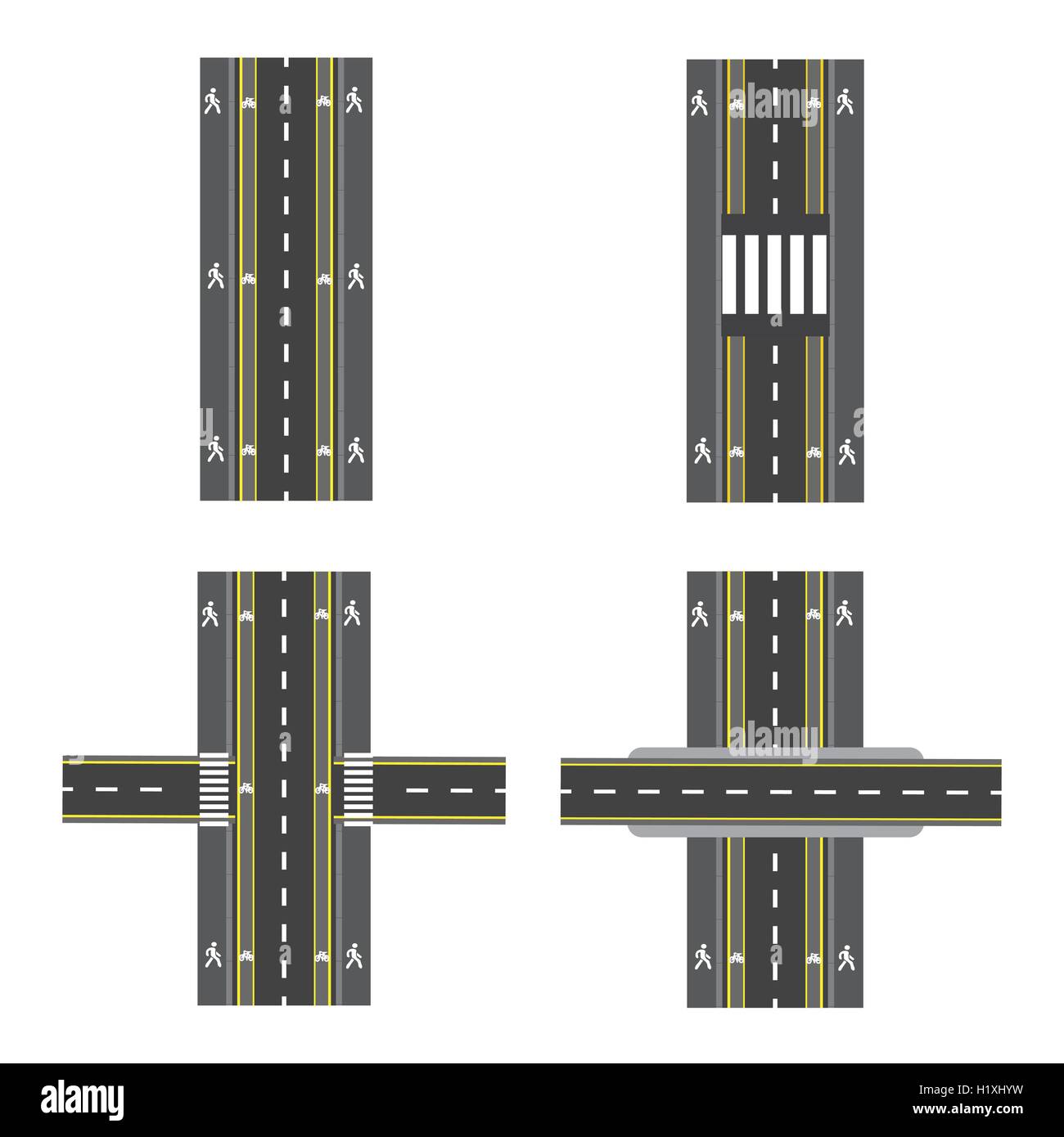 Set of different road sections with transitions, bike paths, sidewalks and intersections. illustration Stock Vector