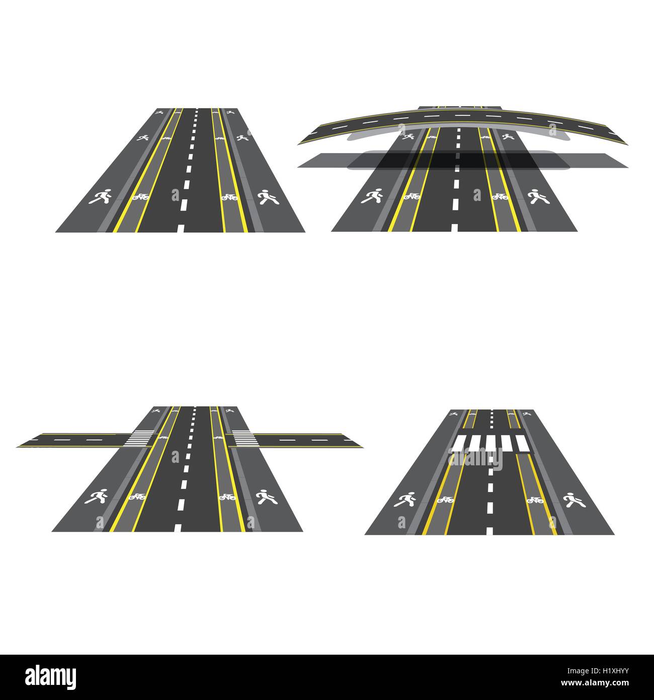 Set of different road sections with peshihodnymi crossings, bicycle paths, sidewalks and intersections. illustration Stock Vector