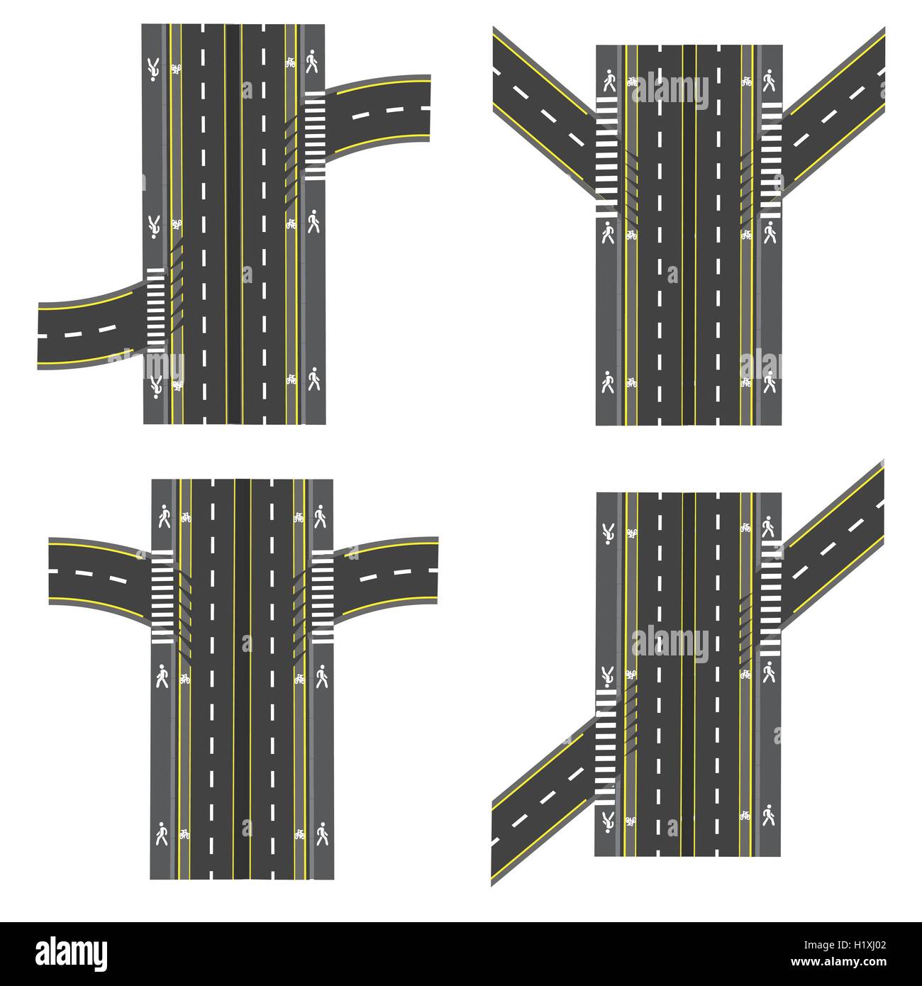 Set of different road sections, interchanges transpot, bike paths, sidewalks and intersections. Stock Vector