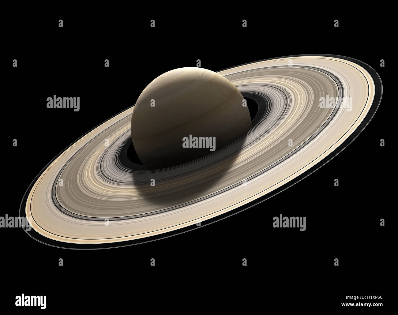 Planet Saturn rendered to scale and isolated on black (Elements of planet texture for 3d model furnished by NASA) Stock Photo