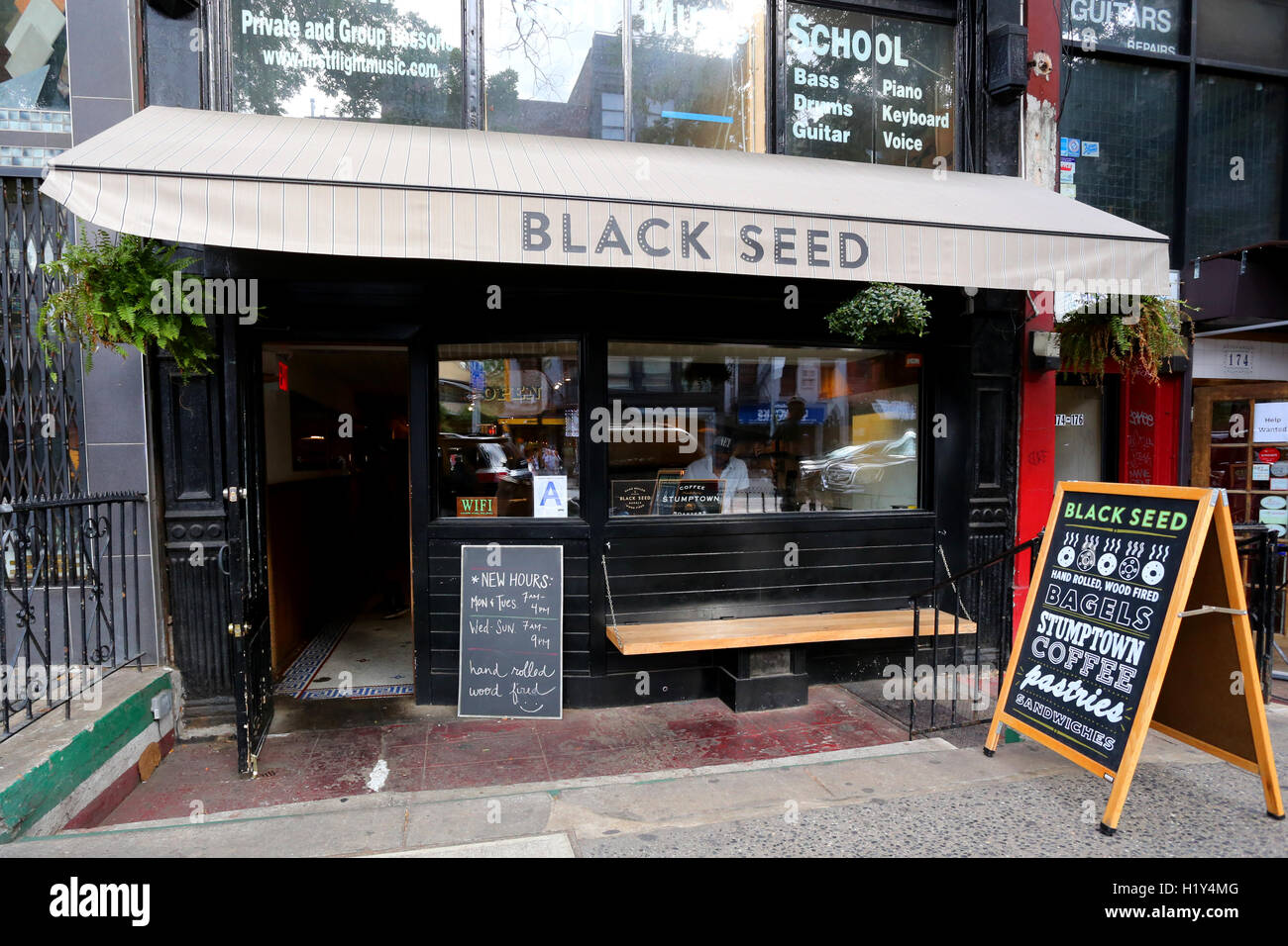 Black Seed, 176 First Ave, New York, NY. exterior storefront of a bagel shop in the East Village neighborhood of Manhattan. Stock Photo