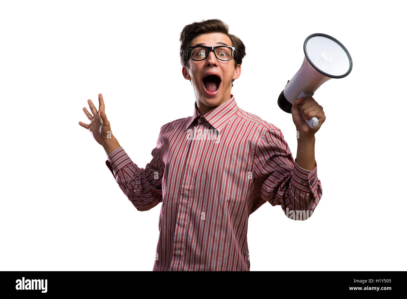 man yells into a megaphone Stock Photo Alamy