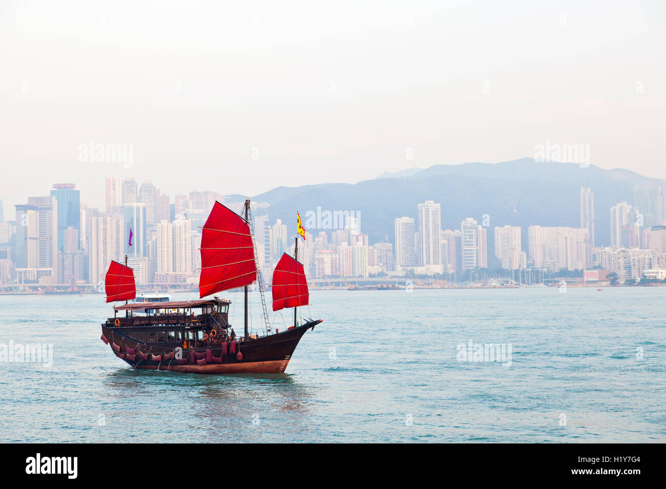 Wooden sailboat sailing in Hong Kong Stock Photo Alamy