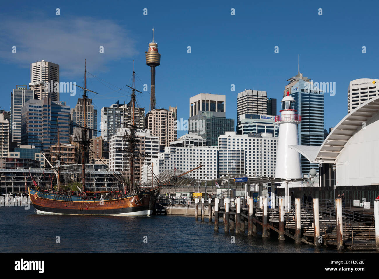 The replica HMS Endeavour moored at the Australian Maritime Museum Darling Harbour Sydney Australia Stock Photo