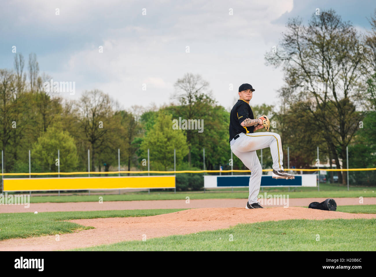 Baseball player on pitcher's mound Stock Photo