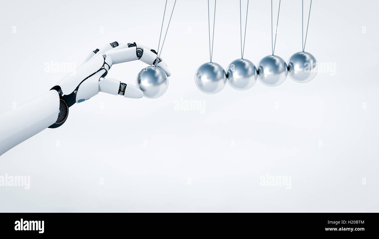 Robot's hand pushing Newton's cradle, 3D Rendering Stock Photo