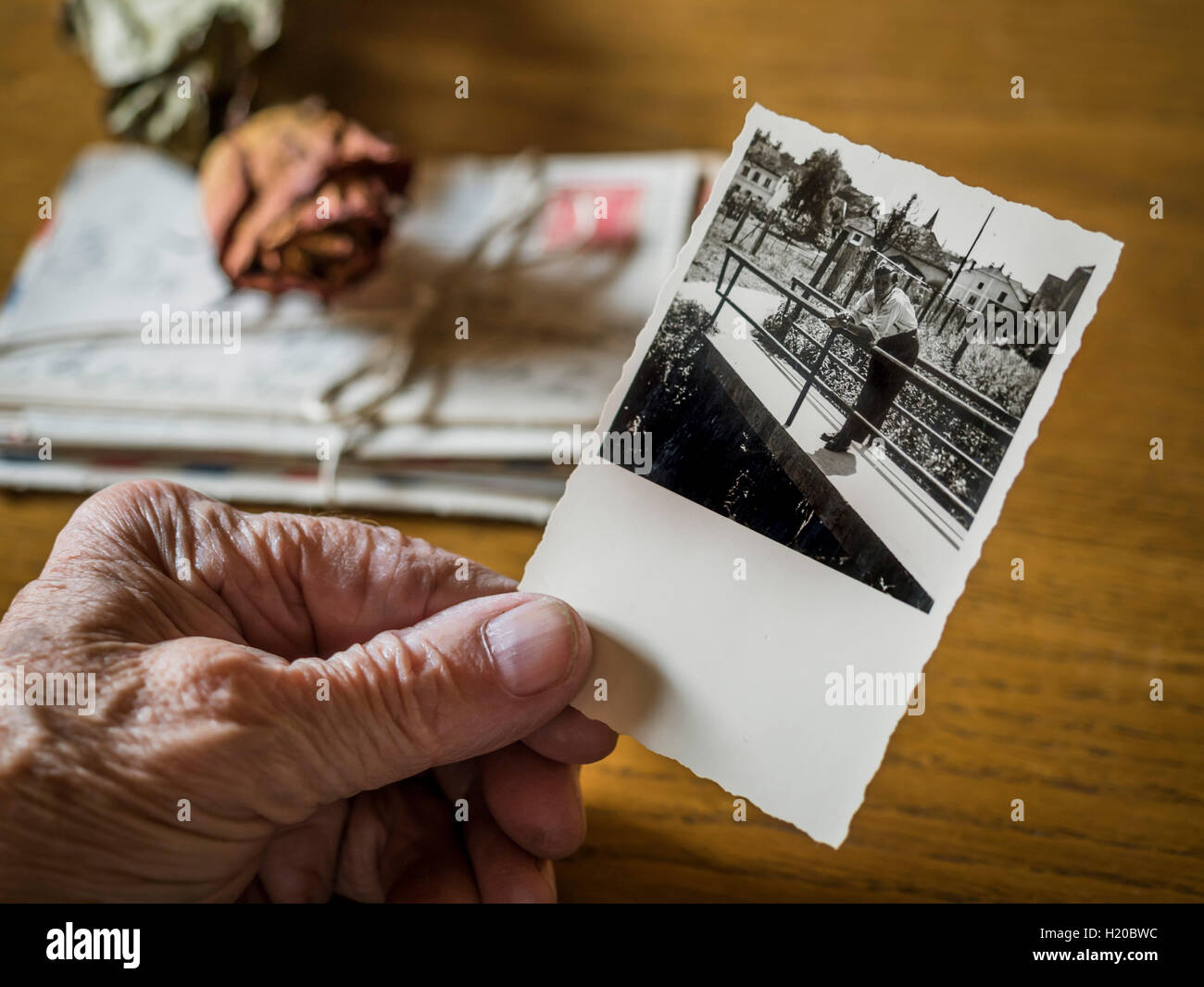 Old woman holding picture of her boyhood friend in hand, old letters and dried rose Stock Photo