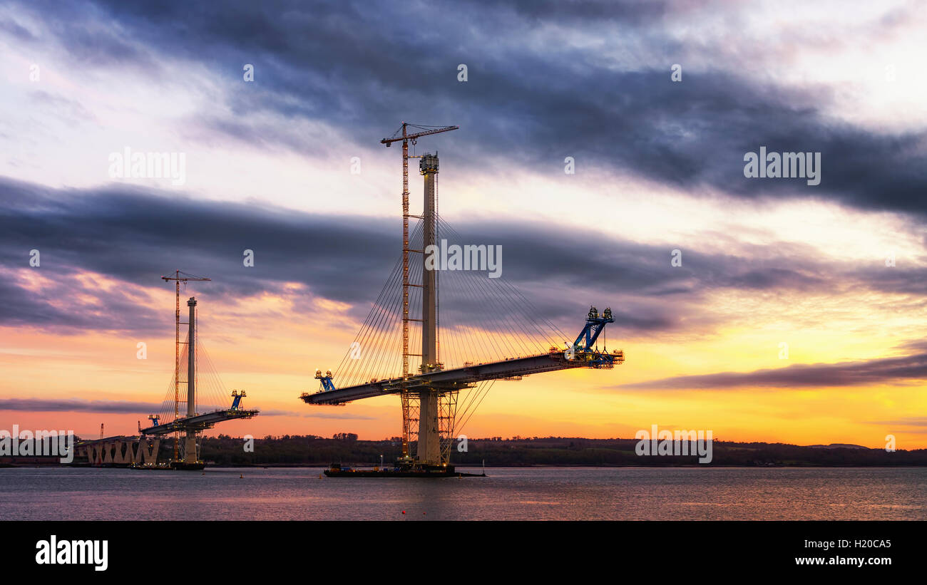 Scotland, Construction of the Queensferry Crossing Bridge at sunset Stock Photo