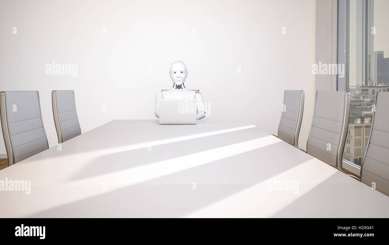 Robot in office, using laptop, 3D Rendering Stock Photo