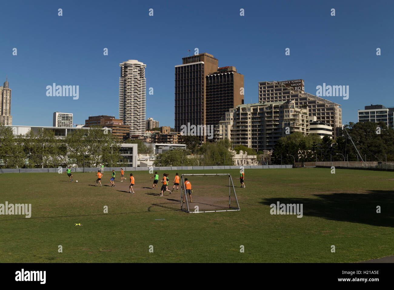 Corporate team playing football on the Domain playing fields East Sydney Australia. Stock Photo