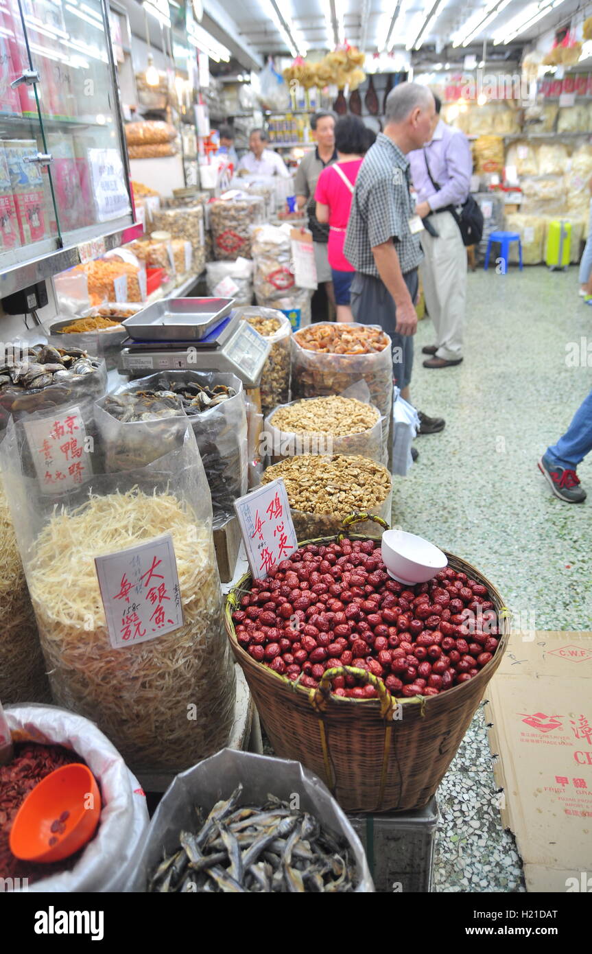 Hong Kong, China - September 7, 2015: A dried food booth on the street of Hong Kong Stock Photo
