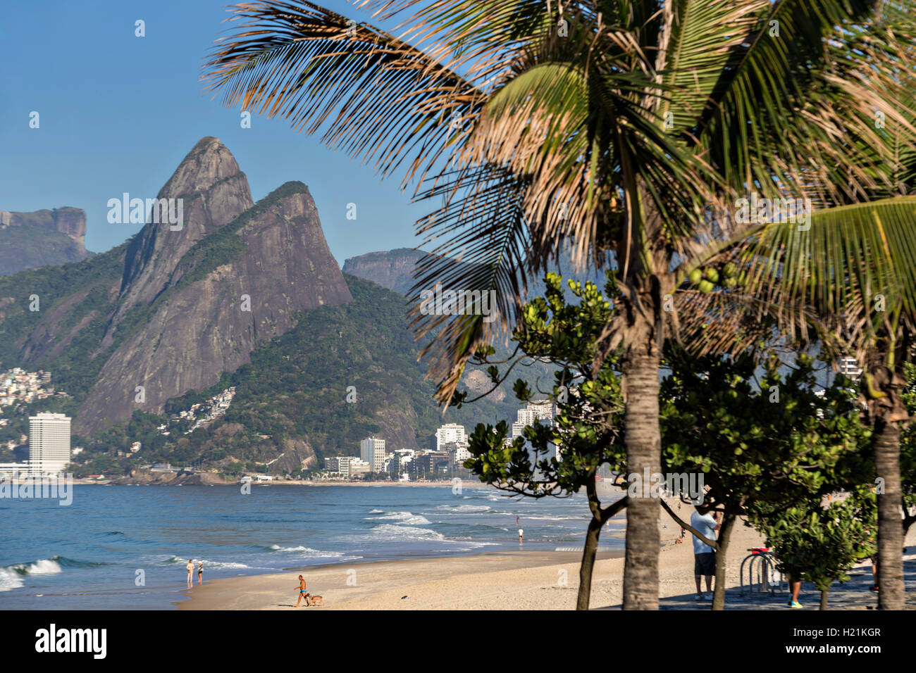 Ipanema beach and Two Brothers Mountain early morning in Rio de Janeiro, Brazil. Stock Photo
