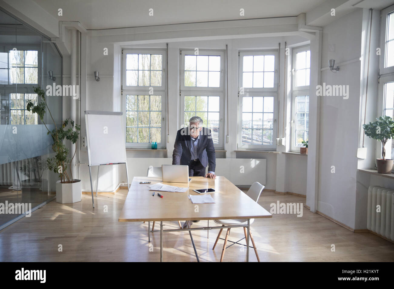 Mature businessman using laptop on boardroom table Stock Photo