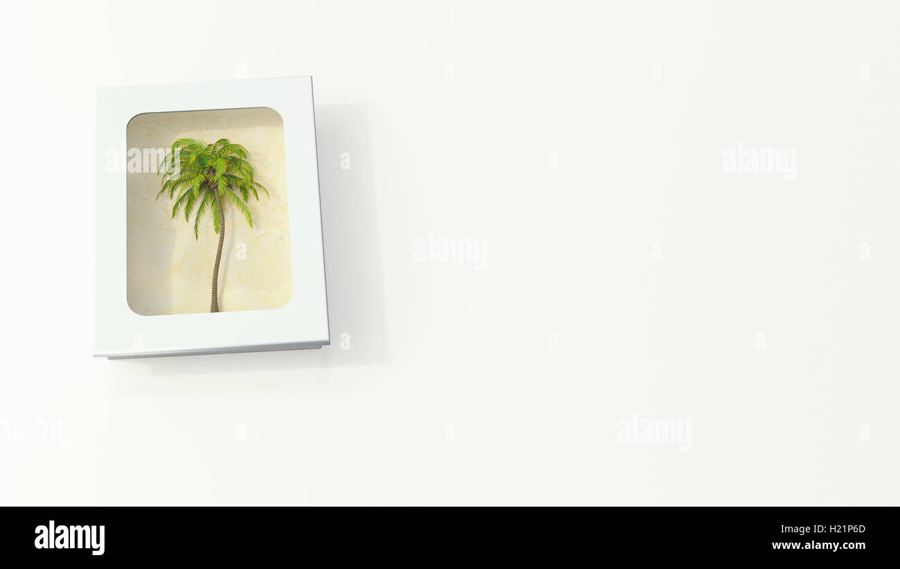 Palm tree in a white box on white ground, 3D Rendering Stock Photo