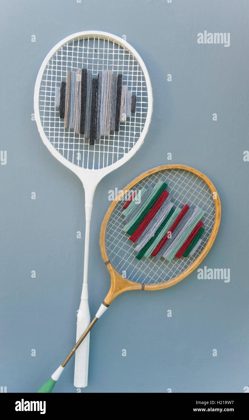 Two old upcycled badminton rackets on grey ground Stock Photo Alamy