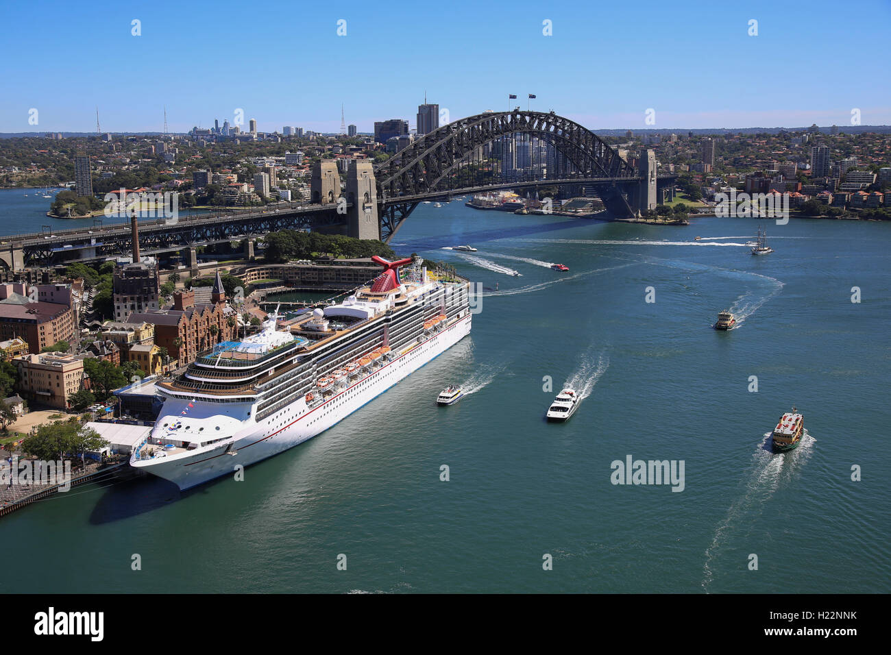 Aerial view of luxury cruise ship the Carnival Spirit berthed at the