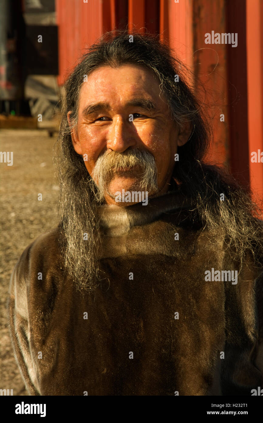 EUROPE, GREENLAND,  Kujalleq Municipality, Nanortalik (Place of Polar Bears), Inuit man in traditional dress Stock Photo