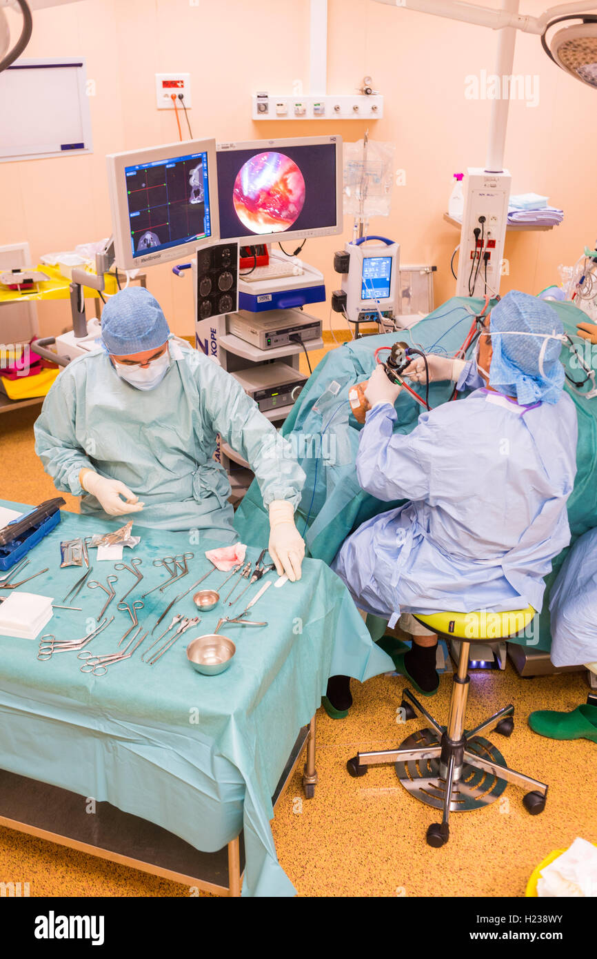 Sinus computer assisted surgery (neuronavigation). Surgeon performing