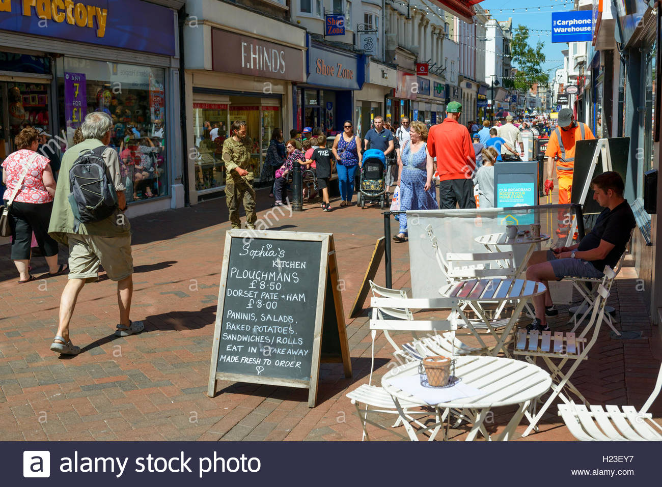 High street shops, St Mary St, Weymouth, Dorset, England, UK Stock