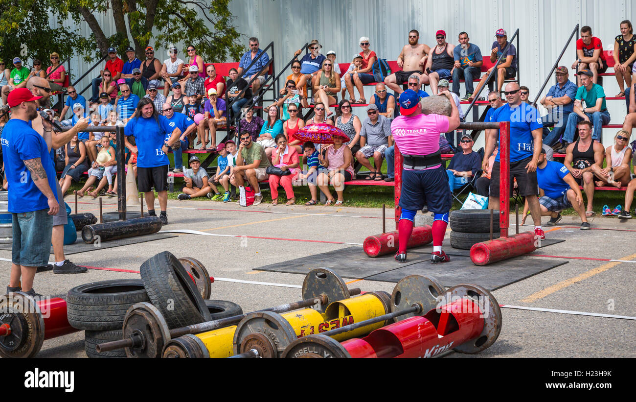 The Strongman competition on at the 2016 Harvest Festival in Winkler, Manitoba, Canada. Stock Photo