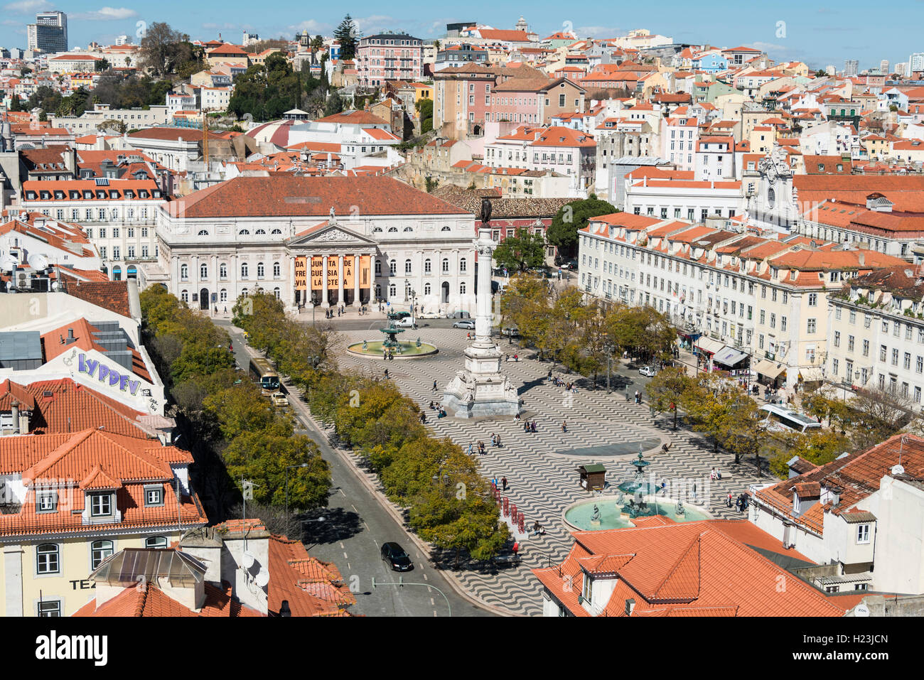 View of historic centre, statue of King Pedro IV in Rossio Square, National Theatre, Baixa, Lisbon, Portugal Stock Photo