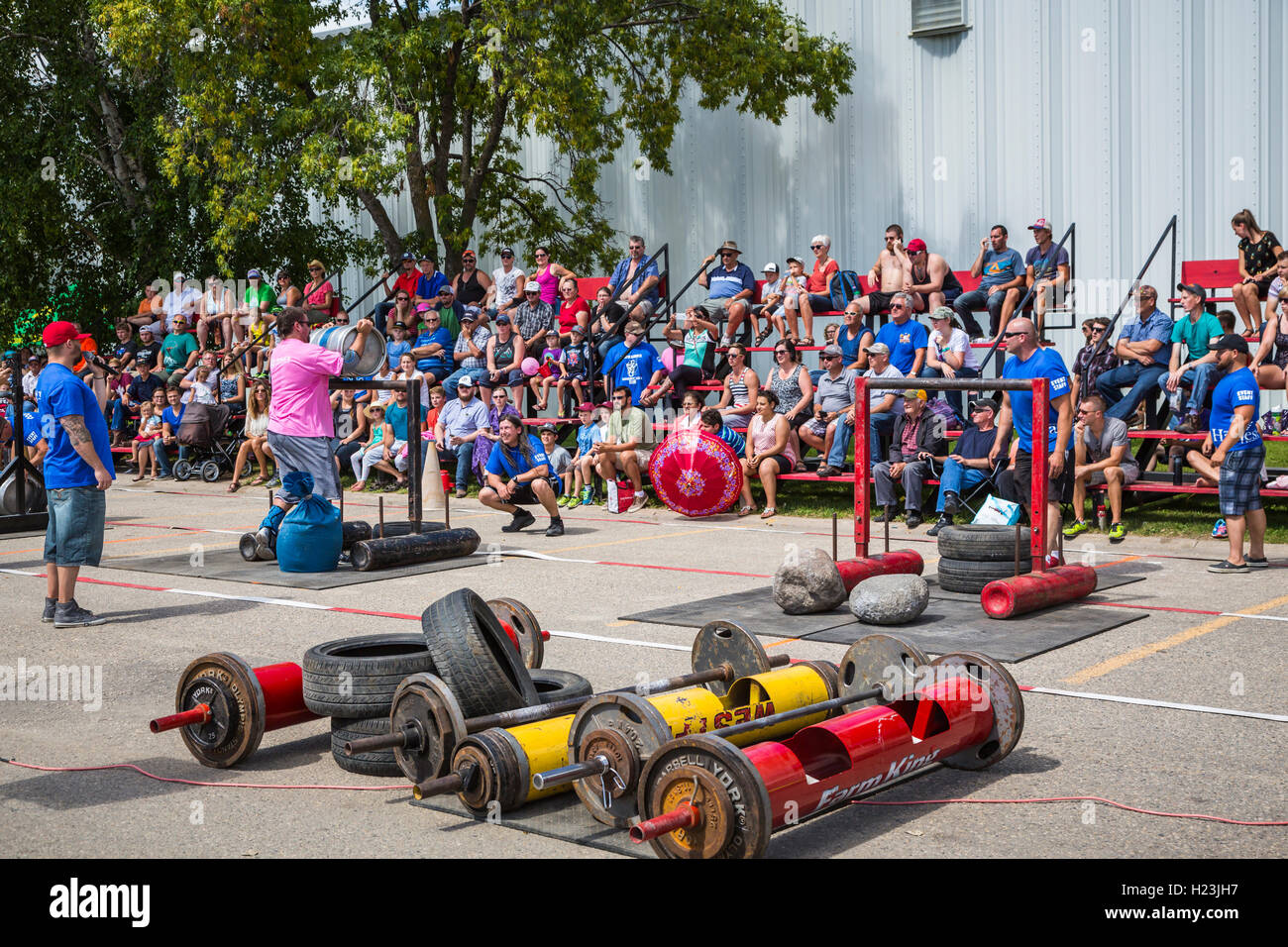 The Strongman competition on at the 2016 Harvest Festival in Winkler, Manitoba, Canada. Stock Photo