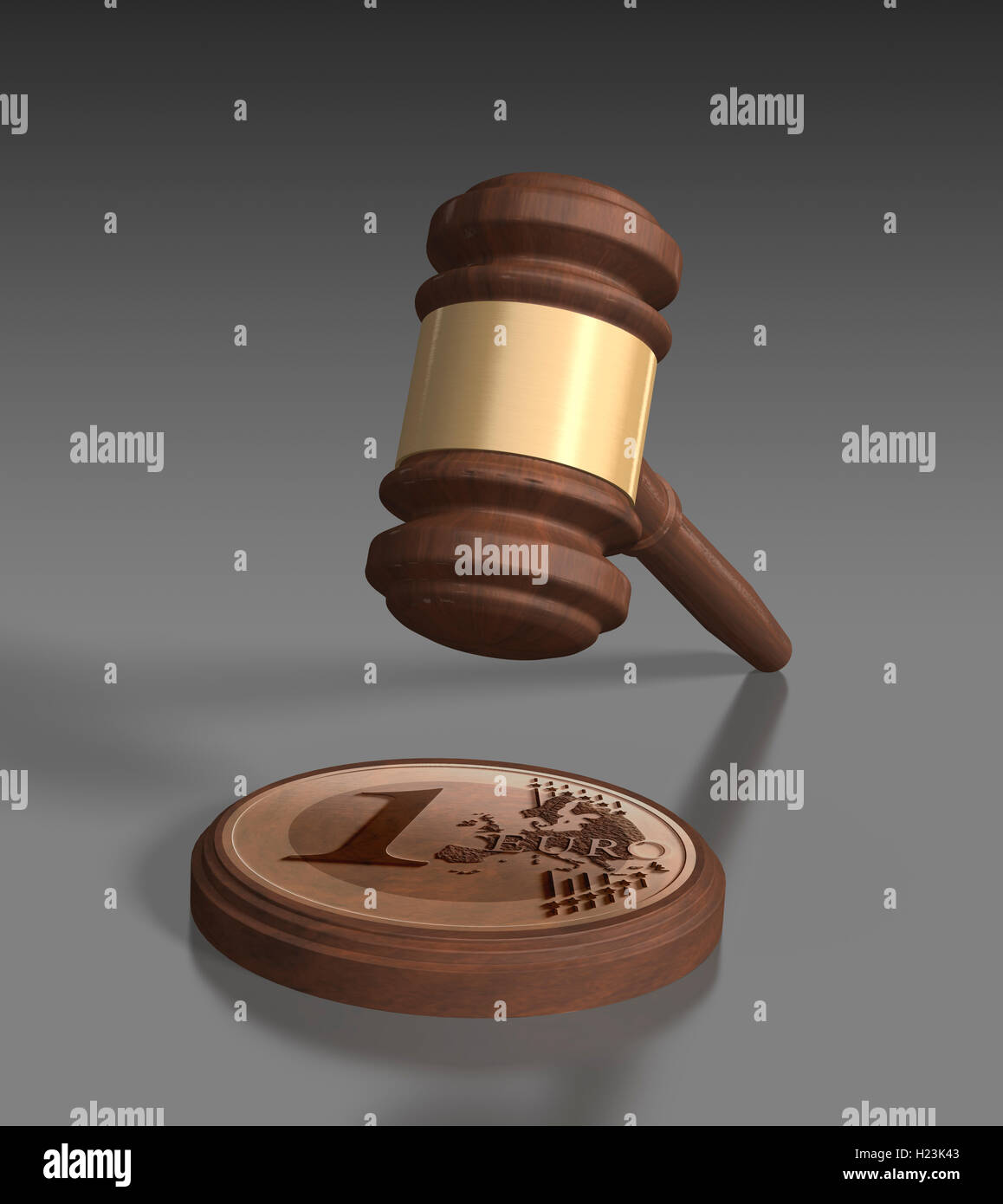 Gavel in front of grey background, 1 euro coin on block Stock Photo