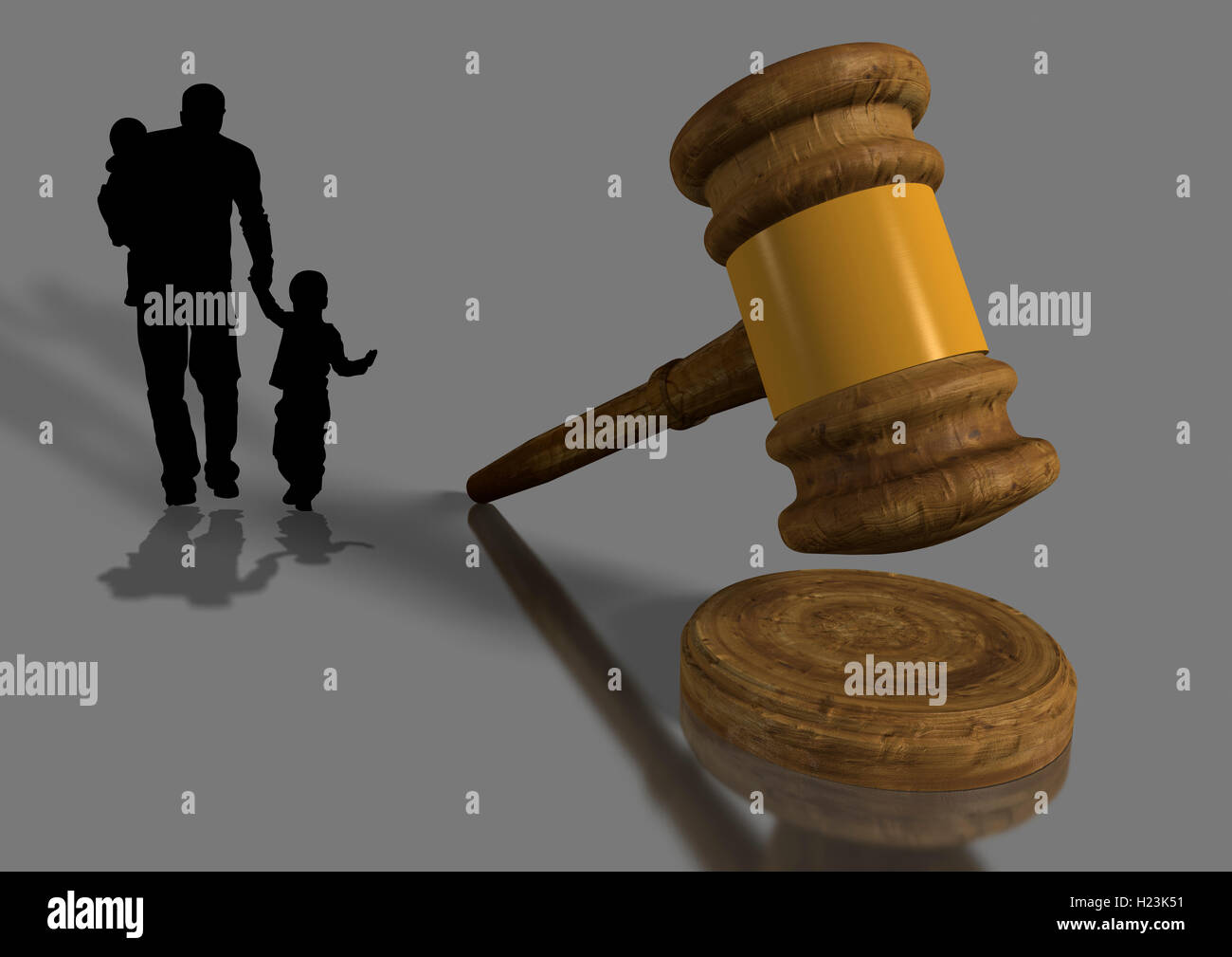 Gavel, father with two children in background Stock Photo