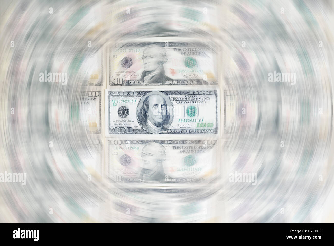 US dollar bills, 100 dollar bill, circular blur Stock Photo