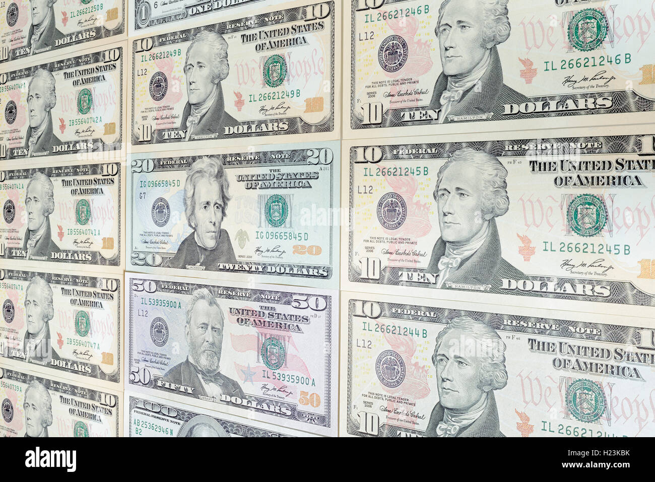 Various US dollar bills, 10, 20, 50 dollar bill Stock Photo